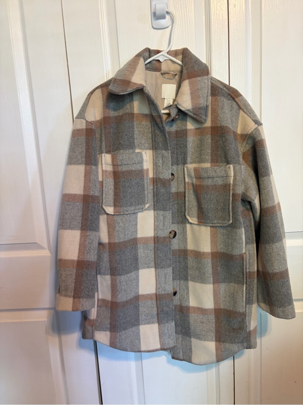 H&M Plaid Pea Coat in Gray, Cream & Brown - Picture 2 of 6